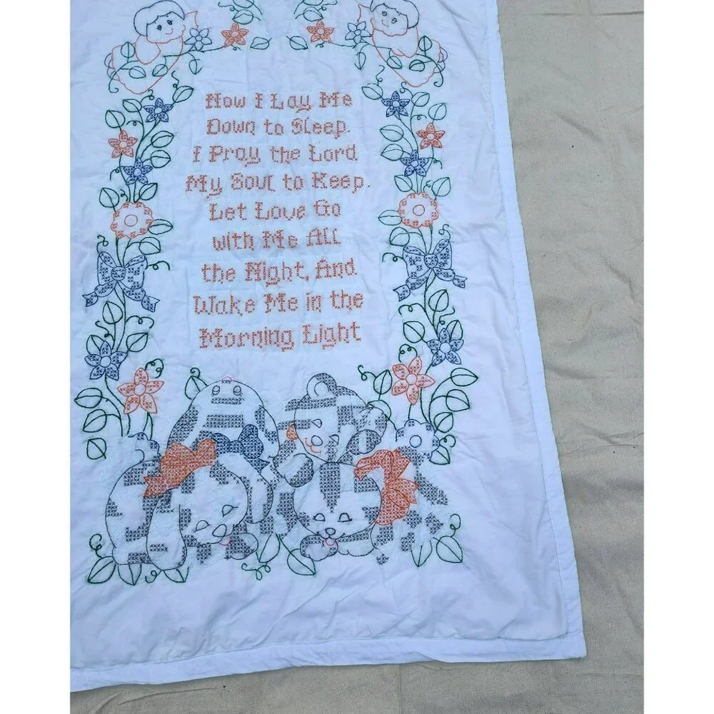 Handmade Baby Quilt Embroidered Prayer Angels Puppies Flowers Now I Lay 37